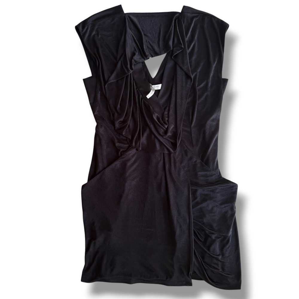 BCBGMAXAZRIA Runway Sz XXS Black Sleeveless Draped Cutout Pockets Mini Dress Y2K